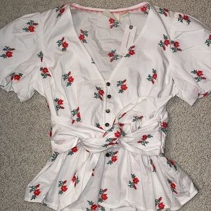 🌹 NWT Anthropologie Rose Floral White Puff Sleeve Top with Waist Tie